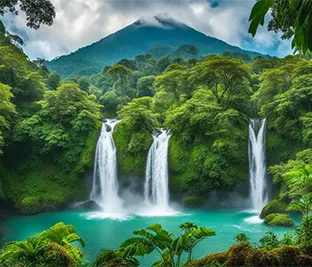 Palm trees with waterfall in the background